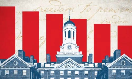 Black and white image of stately brick university building with a tall white cupola in the foreground with red bars (like from a graph) descending behind it, indicating quantitative analysis.